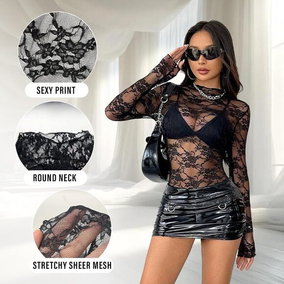 🆕Women Black Polyester Lace Sheer Long Sleeve Top Sexy See Through Y2K Blouse - Picture 6 of 7